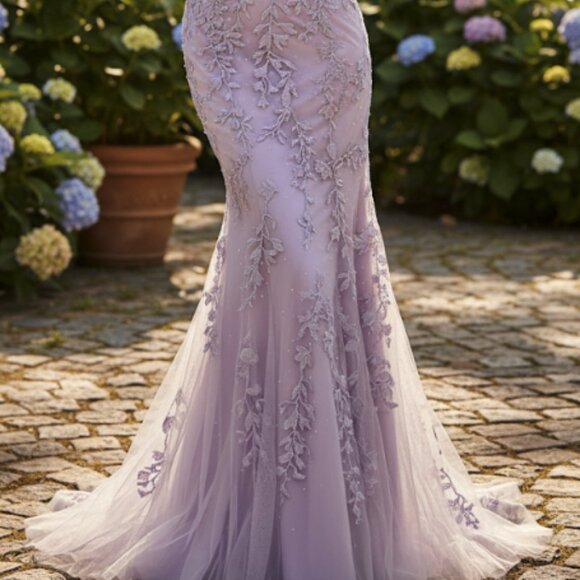Romantic Lavender Lace Appliqué Mermaid Gown - Picture 6 of 6